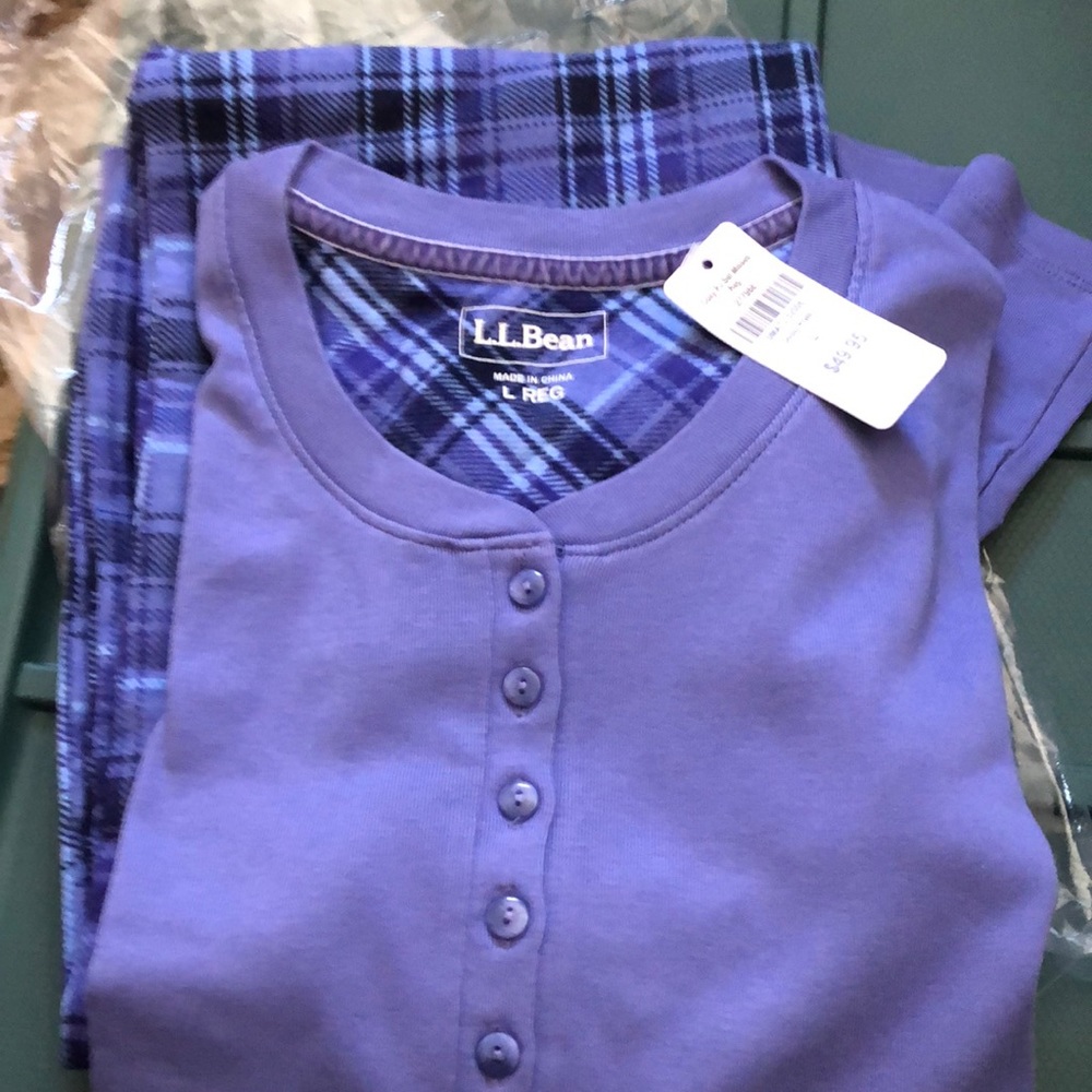 Large Periwinkle/Plaid Pajama Set, LL Bean, Brand New